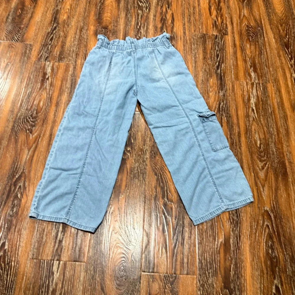 OshKosh 14 Cargo Wide Leg Pants Kids Blue Paperbag Waist Lightweight Denim